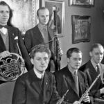 1945-1950 Det Kongelige Kapels ny blæserkvintet. Preben Rasmussen, fløjte, -791-, Hilmer Nielsen, klarinet -787-, Erwin Jacobsen, obo, -782-, Hagbard Knudsen, fagot.